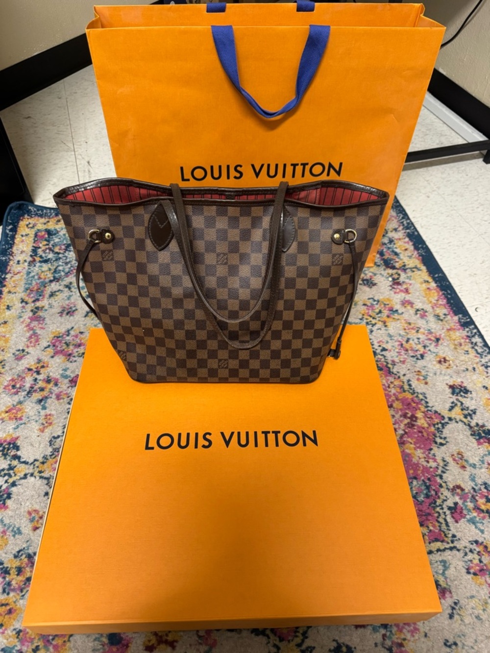 Louis Vuitton Brown Damier Ebene Tote with Red Lining